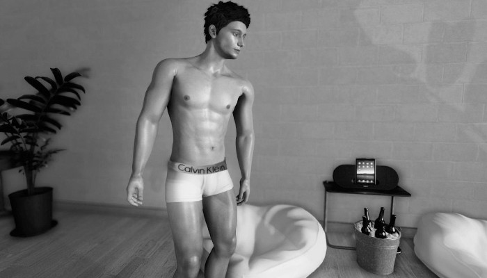 3DXChat — Black-and-white male avatar in underwear beside a bed.