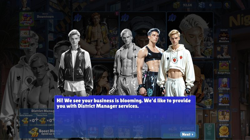 Idle Studs — Visual novel dialogue with adult male characters in suits — Idle Studs game screenshot.