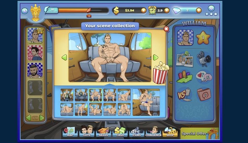 Men Bang — Male character selection and romance scene in a clicker game — Men Bang game screenshot.